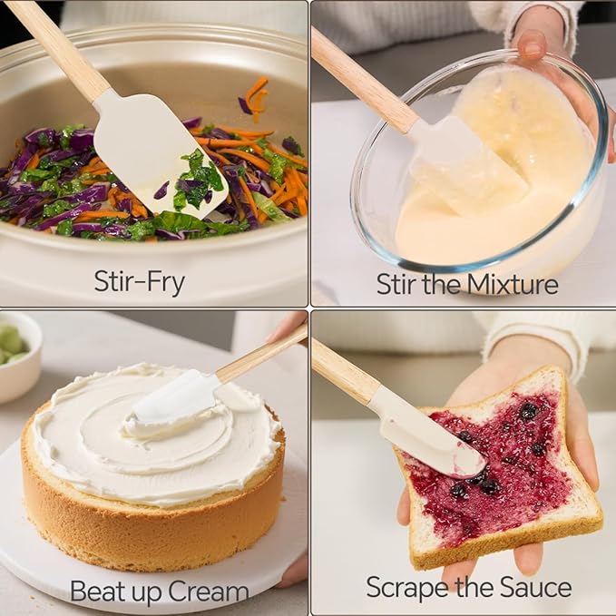 Silicone Spatula Set, 4 Piece Food Grade Rubber Spatula Nonstick Off-White Wooden Spatula, Spoonula, Jar Scraper for Cooking, Baking, Mixing, Frosting - Heat Resistant Up to 600°F（Dishwasher Safe ）