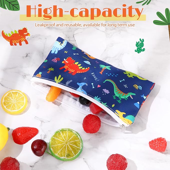 Chumia 6 Pcs Reusable Snack Bags Christmas Gifts Food Safety Washable Snack Bags Lunch with Zipper Portable Sandwich Bag Food Storage Pouch Double Layer(Dinosaur,6.9 x 3.7 Inches)