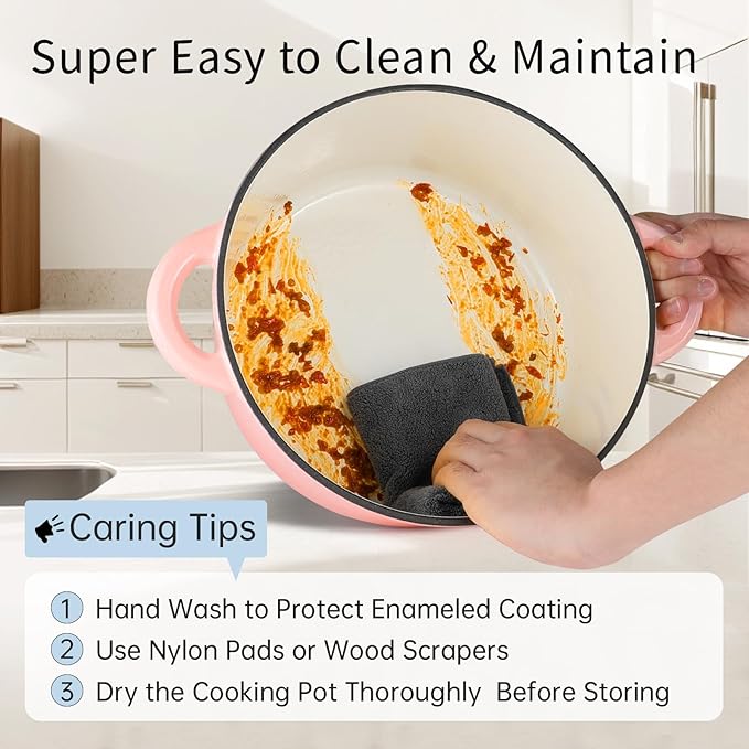6 Quart Enameled Cast Iron Dutch Oven Pot with Lid, Oven Safe up to 500°F or on Stovetop, Non-stick Dutch Oven for Bread Baking, Cooking, Dual Handles Cookware, Pink