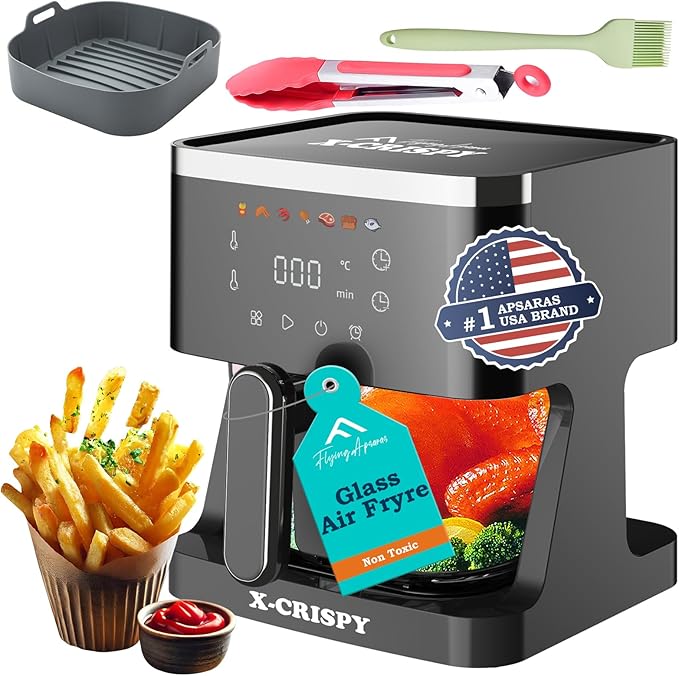 APSARAS USA Glass Air Fryer Non Toxic,5.2QT Convection Oven Air Fryer Glass, Healthy Kitchen Bake,Grill,Steam Broil, & Roast -Includes Bowl,Broil Rack,Toasting Rack & More 97% Less Oil (Black)
