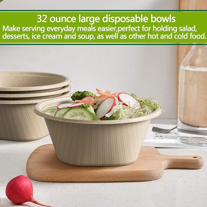 Homestockplus 32 Oz Deep Paper Bowls Disposable Bowl - Disposable Heavy Duty Compostable Bowls, Eco-friendly Sugarcane Bagasse Biodegradable Bowl for Soup, Salad, Dessert, Ice Cream [50 Pack]