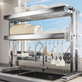 Large Over The Sink Dish Drainer Drying Rack，2 Tier Large Capacity Stainless Steel Dish Drying Rack Over Sink, Multifunctional Kitchen Organizers and Storage Dish Rack 304 Silver, Double Layer)