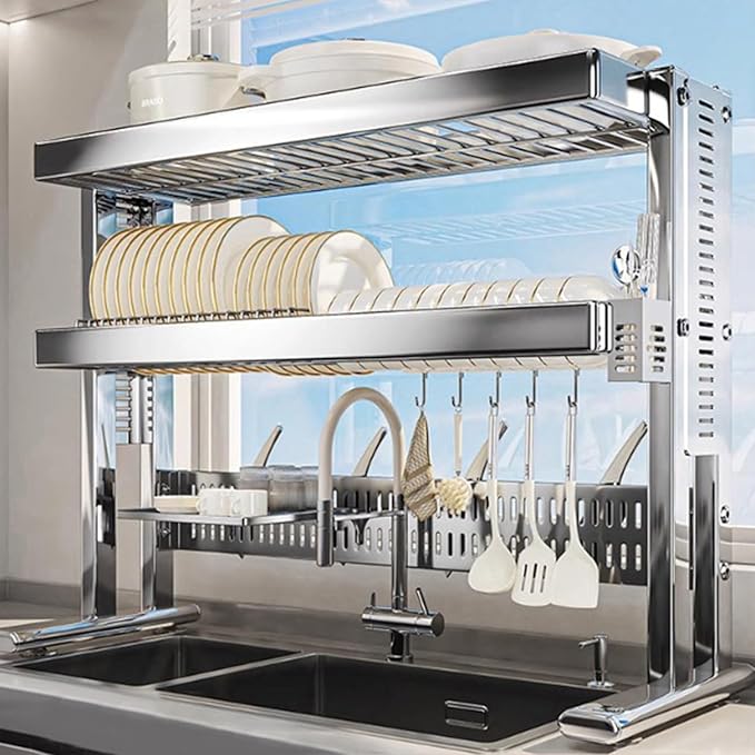 Large Over The Sink Dish Drainer Drying Rack，2 Tier Large Capacity Stainless Steel Dish Drying Rack Over Sink, Multifunctional Kitchen Organizers and Storage Dish Rack 304 Silver, Double Layer)