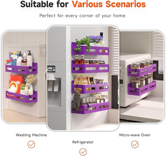4 Pack Magnetic Spice Rack for Refrigerator, Spice Rack Organizer, Moveable Magnetic Shelf Fridge Organizer with 4 Hooks for Kitchen and Oven Organization, Purple