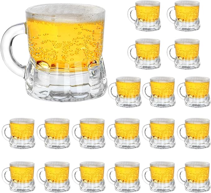 Mini Beer Mugs, 20 Pcs Real Glass Shot Glasses, 1 Oz Clear With Handles Heavy Base Stein Tasting Glasses for Whiskey, Tequila, Vodka