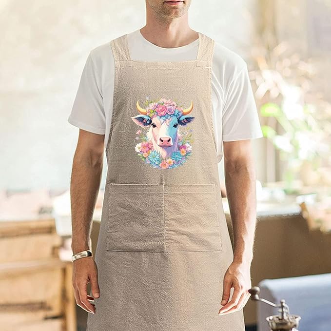 Cotton Linen Apron Non-tie Cross Back Kitchen Apron with Pockets Soft Comfortable Durable for Cooking Baking Gardening (Khaki,Highland Cattle)