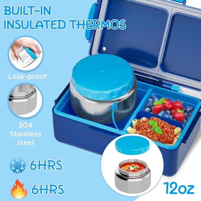 SHPMXUPW Kids Bento Lunch Box – 12 oz Stainless‑Steel Soup Thermo & 3‑Compartment Leak‑Proof Food Container with Built‑In Ice Pack, Insulated Food Jar for Boys & Girls, School & Travel