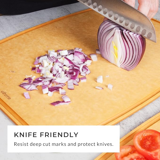 Essential XL Dishwasher Safe Non Slip Juice groove Cutting Board and 5-piece Premium Stainless Steel Kitchen Knife Set