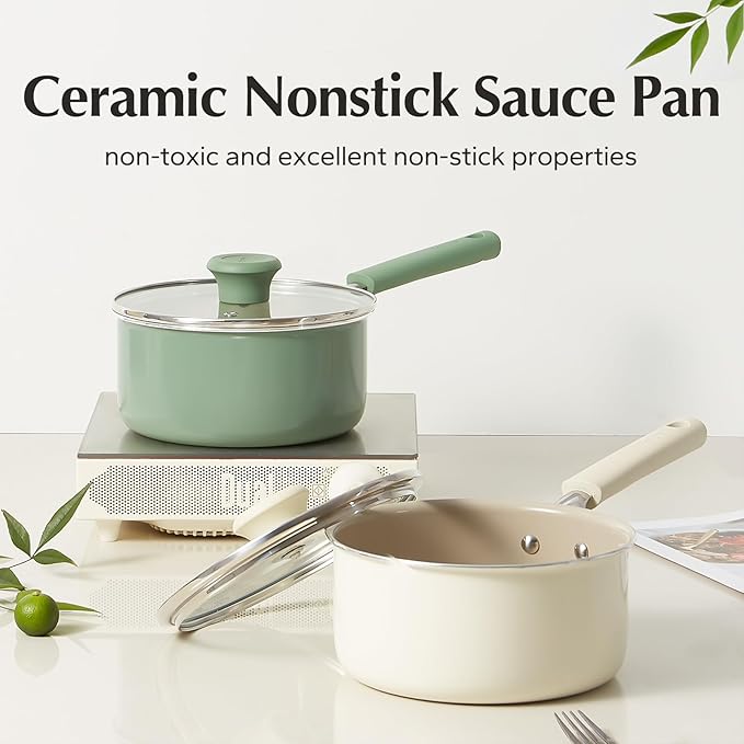 Redchef Ceramic Nonstick Saucepan with Lid, 1.5QT Small Cooking Pot, Non Toxic Sauce Pans for Kitchen, Cool Handle PFAS Free Compatible with All Cooktops, White