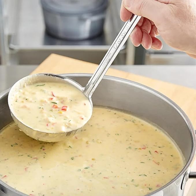 One-Piece Stainless Steel Ladle 12 oz Capacity 12.75 Inch Handle for Cooking, Serving, Soup, Stew, Sauce, Buffet, or Catering Use