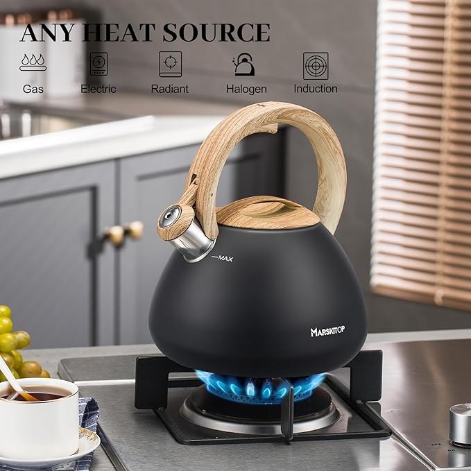 MARSKITOP Tea Kettle for Stove Top, Whistling Kettle Teapot for Stovetop, Food Grade Stainess Steel Teakettle with Cool Touch Ergonomic Handle, 2.6 Quart, Black