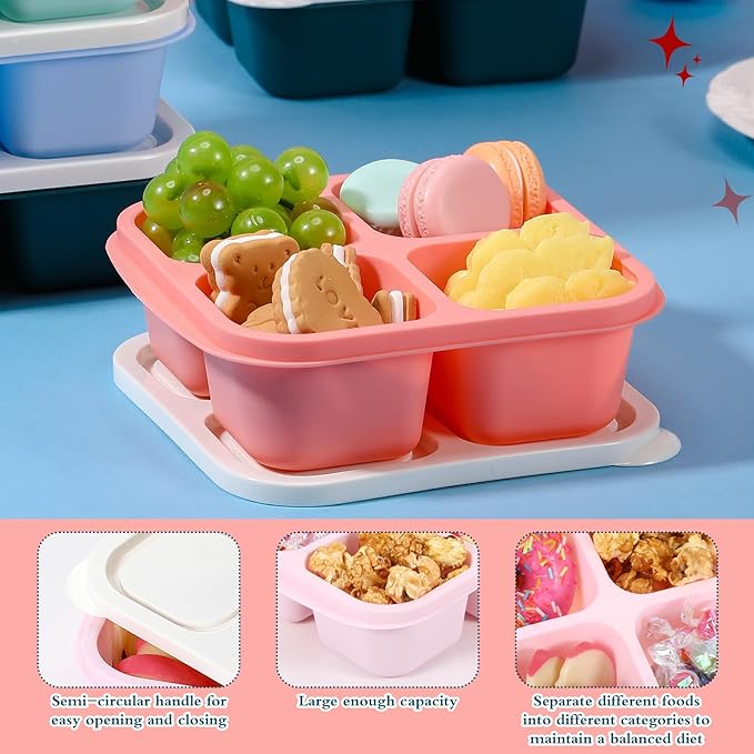 Honeydak 10 Pack Snack Container 4 Compartment Reusable Bento Snack Boxes Divided Lunchable Containers with Lids Meal Prep Lunch Food Storage Boxes for School Work Travel(Melon Color)