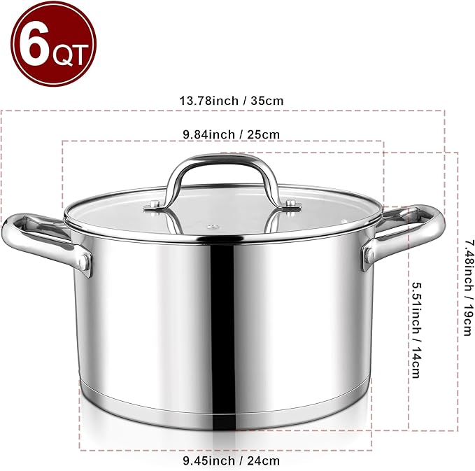 LIANYU 6 QT Stainless Steel Stock Pot, Kitchen Tri-ply Base Cooking Soup Pot with Glass Lid, Heavy Duty Non-toxic Cookware for Meal, Compatible with Induction Cooktop Electric Stove, Dishwasher Safe