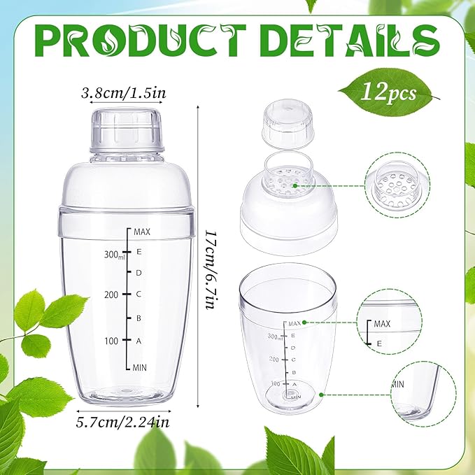12 Pcs Plastic Cocktail Shaker with Scale and Strainer Top Clear Shaker Cup with Measurement Clear Plastic Bottle Cocktail Tea Measuring Jigger for Coffee Bubble Tea Milk, 350ml/12oz
