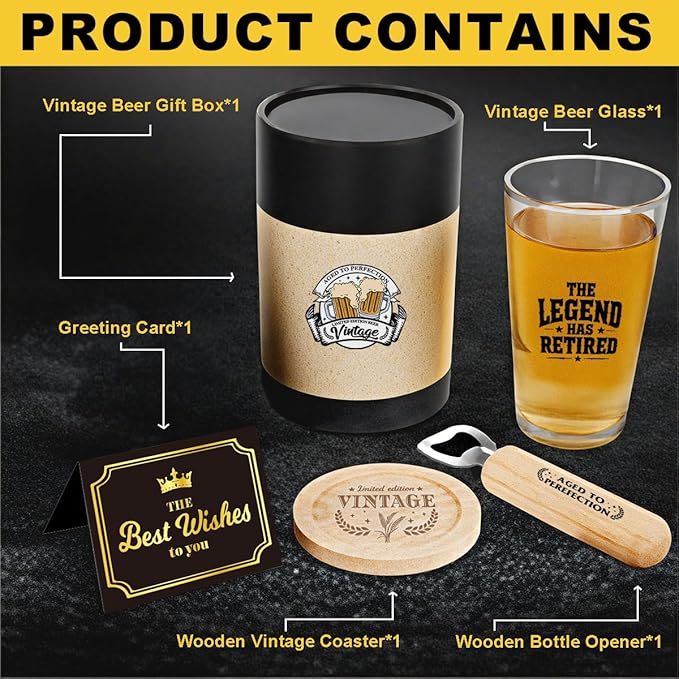 Retirement Gift for Women Men 2025 Coworker Leaving Gifts Happy Retired Gift Vintage Beer Drinking Glass Beer Lovers Farewell Goodbye Present for Women Men Father's Day