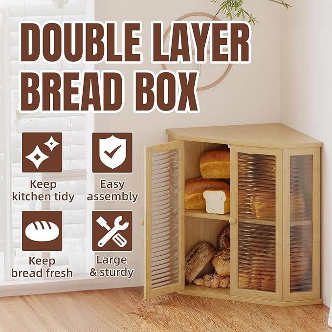 Corner bread box Bread Box for Kitchen Countertop - Corner Bread Storage Box 16.51" H, Premium Pine Wood with Glass Door, Perfect for Homemade Bread, Baguettes & Pastries (Natural wood)