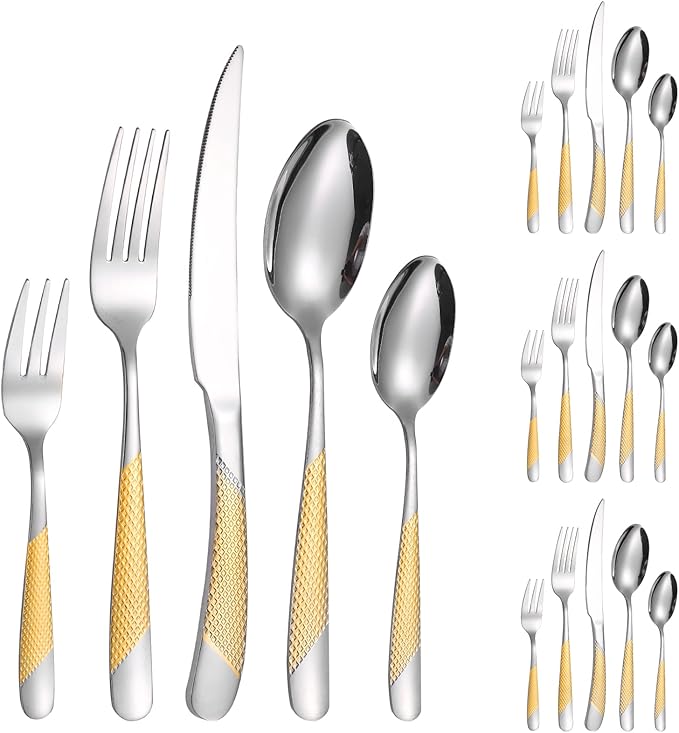 A·HOUSEWARE Hammered Silverware Gold and Silver Flatware Stainless Steel Cutlery Sets for 4 Forks Spoons knives Patten Handle Kitchen Utensils for Restuarant and Home