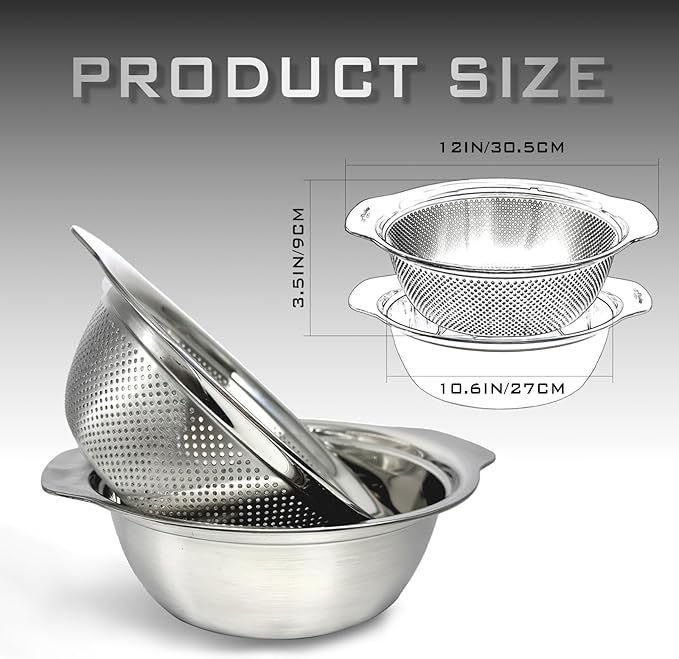 2PCS 3.5-Quart Kitchen Strainer Colander Made of 304 Stainless Steel with Handle Ideal for washing fruits, vegetables, and pasta Easy to clean