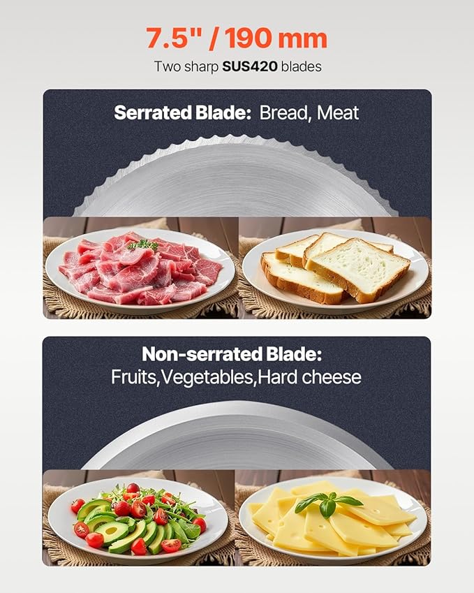 VEVOR Meat Slicer, 7.5 inch Electric Deli Food Slicer, 180W Meat Cutter with two Premium SUS420 Blades, 0-0.6 inch Adjustable Thickness, ETL Certified Food Slicer Machine for Home Use