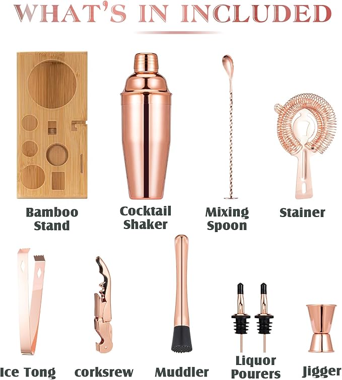 Cocktail Shaker Set, Mixology Bartender Kit 10-Piece Bar Tool Set with Stylish Bamboo Stand, Bar kit: Martini Shaker Mixing Spoon Muddler Jigger Corksrew for Barware Set | Rose