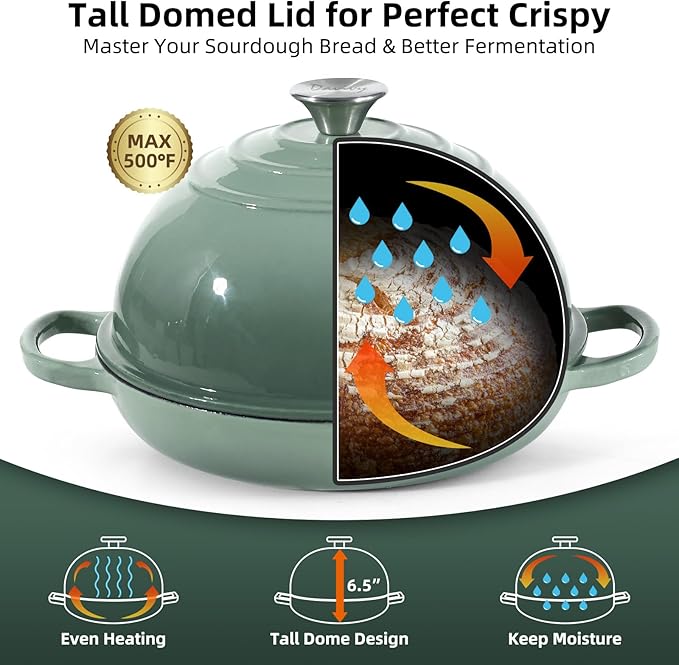 Davivy 5.5QT Sourdough Dutch Oven with Domed Lid, 10" Round Bread Dutch Oven, Enameled Cast Iron Bread Oven, Bread Oven for Sourdough - Sea Salt Green
