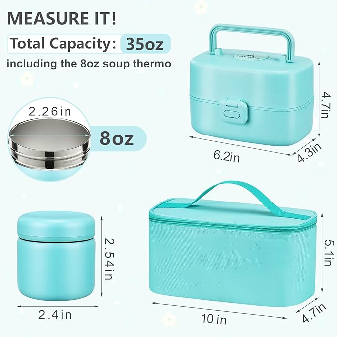 Bento Lunch Box for Kids with 8oz Soup Thermo,2 Leak-Proof Food Containers, a Lunch Bag, Kids Thermo Insulated Hot Food Jar for School, Travel-Green