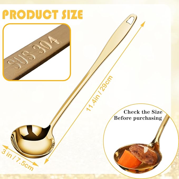 2Pcs Soup Ladle Soup Spoons 304 Stainless Steel Gold Ladle, 12.2Inch Long Handle Large Serving Spoon for Cooking Buffet, Party, Kitchen, Gold