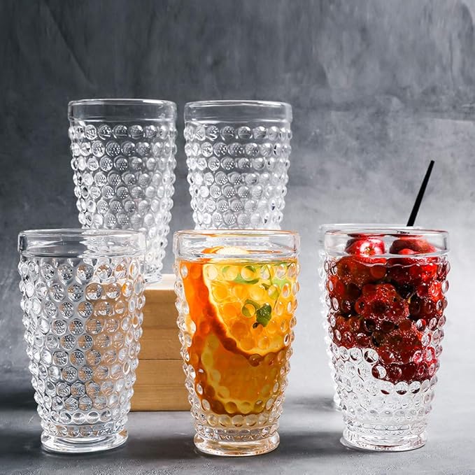 G Hobnail Glassware 6 Set Old Fashioned Iced Beverage Drinking Glasses, 13.3 oz Premium Tall Highball Water Glasses Cups For Juice Cocktail Mojito Wine,Beer, Tea, Mixed Drinkware,Parties Restaurants