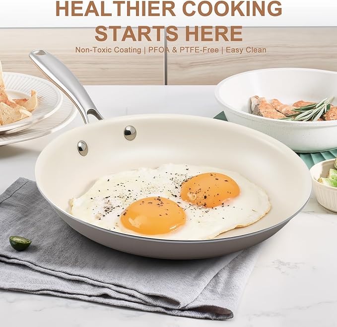 8.5 Inch and 10.25 inch Ceramic Nonstick Frying Pan Skillet - PFAS-Free, Non-Toxic, Oven Safe & Induction Ready, Aluminum Cookware with Stainless Steel Handle