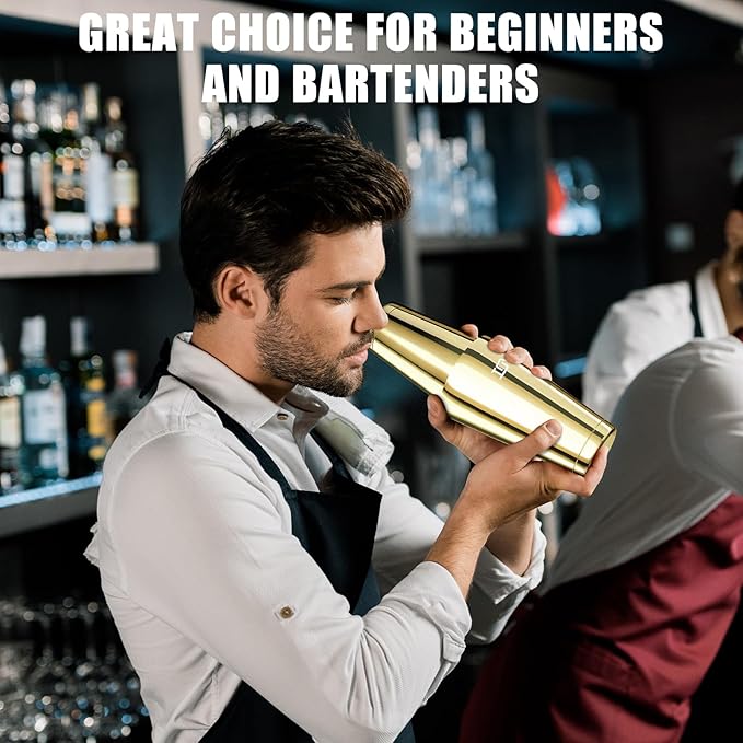 IOV Boston Cocktail Shaker Set, 18oz & 28oz Stainless Steel Weighted Shaker Tins, Metal Martini Drink Mixer for Bartending, Professional Bar Tools with Cocktail Recipe Guide, Gold