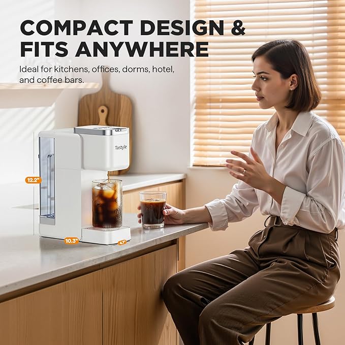 Single Serve Coffee Maker, Iced and Hot Coffee Machine for K Cup & Grounds, Compact Design, 40oz Removable Water Reservoir, 6 to 24 Oz Brew Sizes, Fits 7.3" Travel Mug, White
