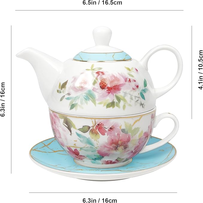fanquare Pink Floral Teapot, Tea Cup and Saucer Set with Gold Trim, Porcelain Tea for One Tea Set for Gift, Blue