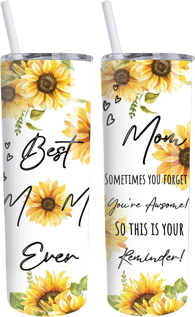 Best Mom Ever Sunflower Tumbler - Mother's Day 20oz Skinny Tumbler with straw and lid - Stainless Steel - gift for women - Dishwasher safe