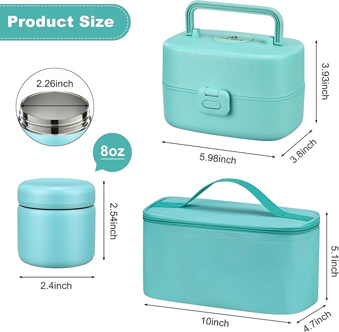 Bento Lunch Box with 8oz Soup Thermo, Kids Sustainable Bento Box Leakproof Lunch Food Containers with Lunch Bag, Kids Thermo Insulated Hot Food Jar for School, Trvael (Blue)