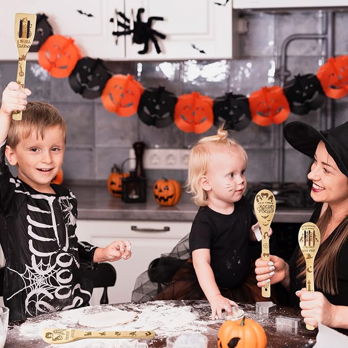 Eartim Halloween Wooden Cooking Utensil Set - 7Pcs Hocus Pocus Kitchen Cooking Gadget Natural Carve Bamboo Spoon Slotted Spatula Non-Stick Cookware Utensil Birthday Housewarming Gift Halloween Supply