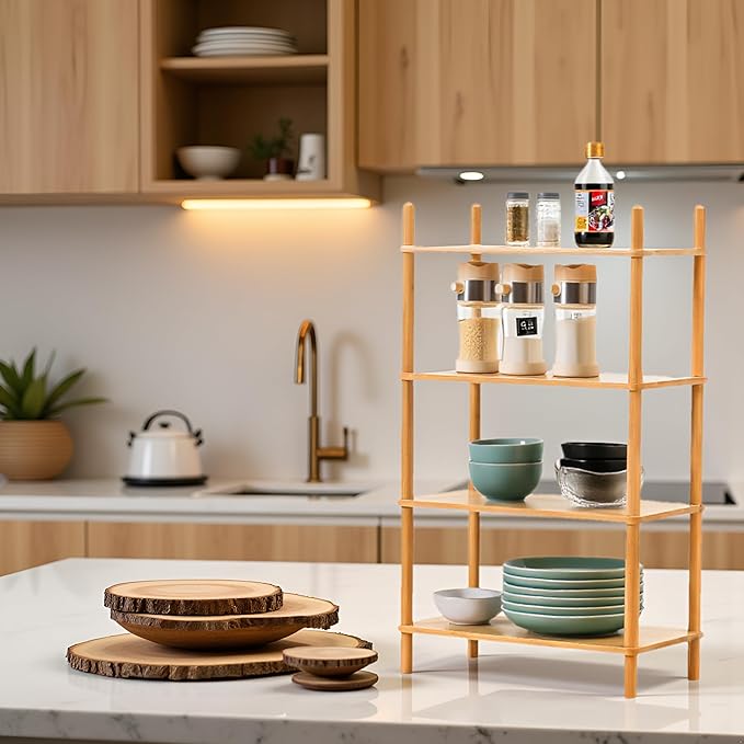 Bamboo Rack | Tool-Free Expandable (2-6 Tiers) | Kitchen Spice Organizer & Office Breakroom Snack/Cup Storage (Natural Bamboo)(Powered by Gogogo) (Nature, 15.6" W(4 Tier))