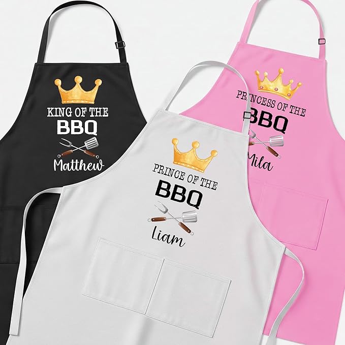 Personalized Matching Aprons for Toddler and Adults, BBQ Aprons for Dad, Grandpa, Husband, Son, Daughter, Prince of the BBQ, King of the BBQ, Father and Son Gifts for Christmas, Princess Grill