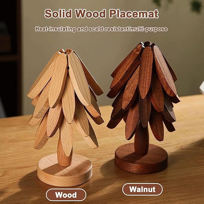 Natural Tree Trivet Set - Natural Foldable Kitchen Trivets, Handmade Wooden Hot Pad Holder for Plates, Pots, Pans, Cup, Kitchen Dining Table Protection (Wood, S)