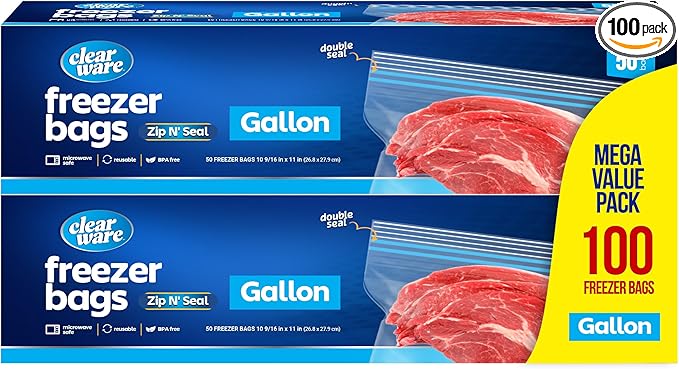 Gallon Freezer Bags, Double Zipper Seal - 100 Count, Thick Resealable Plastic storage Bags - Reusable Gallon Storage Bags for Food Storage, Meat, Vegetables, Fruit - Microwave-Safe, Zero BPA - 2 Boxes