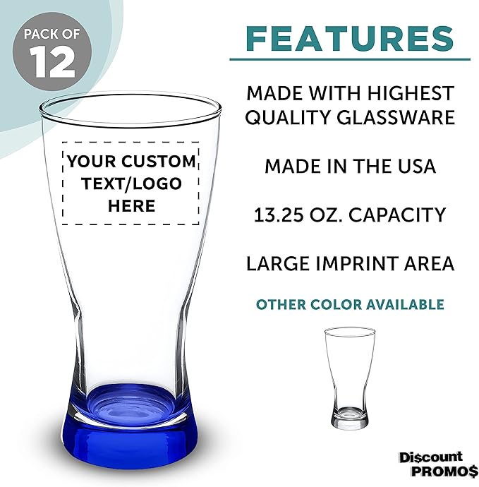 Custom Pilsner Glasses 13.25 oz. Set of 12, Personalized Bulk Pack - Made in the USA, Perfect for Hotels, Restaurants, Bars and Even Party Favors - Blue