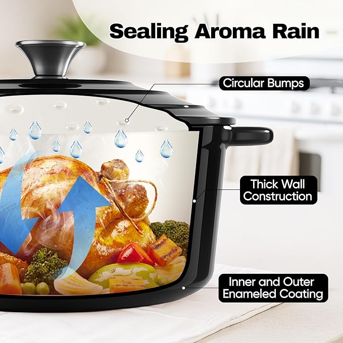 6 Quart Dutch Oven Pot with Lid, Non Stick Enameled Cast Iron Dutch Oven for Bread Baking, Heavy-Duty, Oven Safe Ceramic Cookware Up to 500°F for Baking, Braising, Stews, Roasting, Black