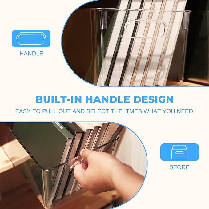 MOONEDGE Open Clear Plastic Storage Bins Stackable Organizer Containers with Handles for Kitchen, Pantry, Fridge, Cabinet, Closet Storage & Home Organization 6 Pack（11 x 8 x 6 in）