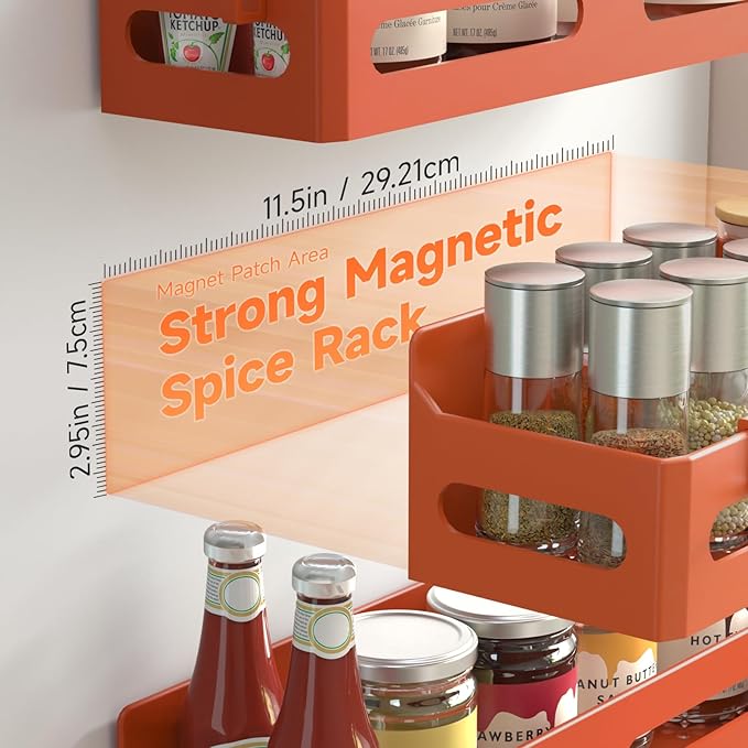 4 Pack Magnetic Spice Rack for Refrigerator, Spice Rack Organizer, Moveable Magnetic Shelf Fridge Organizer with 4 Hooks for Kitchen and Oven Organization, Orange