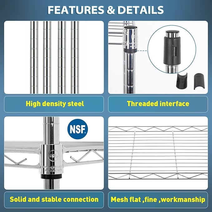 5-Shelf Storage Shelves Metal Shelving Unit NSF Garage Storage Rack Adjustable Wire Shelves Organizer for Kitchen Closet Basement, 750 Lbs Capacity, 16.7" L × 11.8" W × 47.6" H, Sliver
