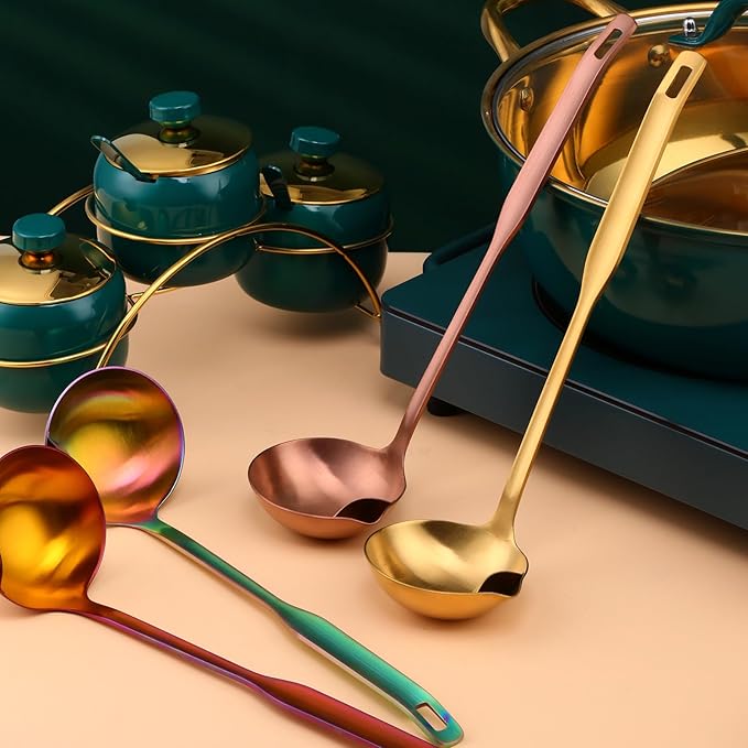 Metal Soup Ladle with Tilted Mouth，2 Piece Fat Multi-Purpose Separator Oil Strainer Serving Spoon Set for Kitchen Restaurant Cooking Hotpot