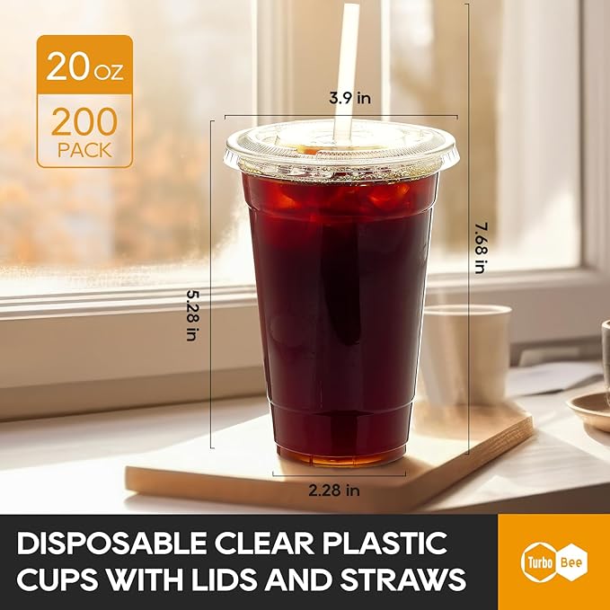 Turbo Bee 200 Sets 20 OZ Clear Plastic Cups with Lids and Straws, Disposable To Go Iced coffee cups with lids for Cold Drinks, Smoothie, and Slushie