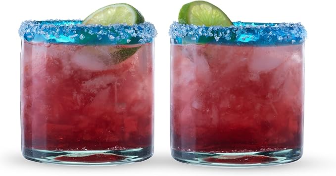 Segunda Vida Primavera Hand Blown Short Tumblers, Recycled Drinking Glasses with Blue Rim for Margarita, Tequila, Cocktails, Iced Drinks, Birthday Gifts for Women, Mexican Glassware, 12 oz, Set of 2