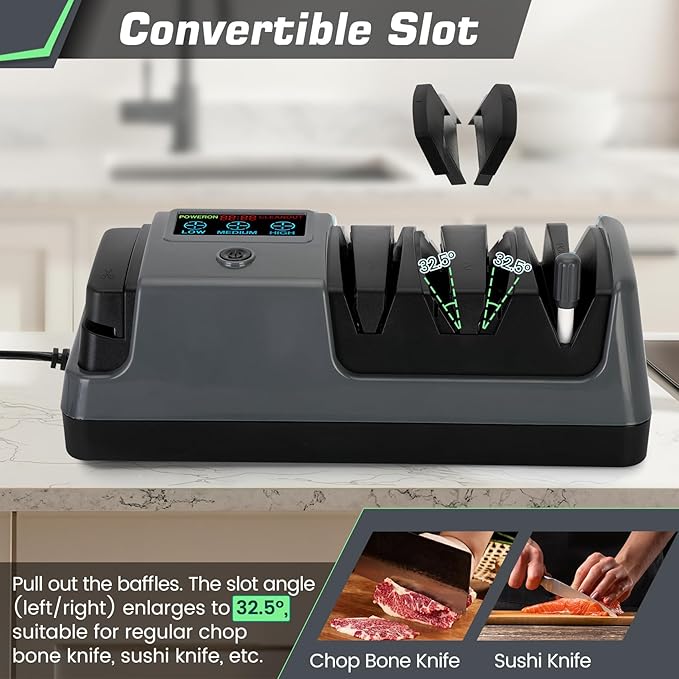 Electric Knife Sharpener with LCD Screen for Straight, Serrated, Meat Cleaver, Ceramic Knives & Scissors, 3 Rotational Speed Adjustable Electric Kitchen Knife Sharpener, 100% Diamond Abrasives