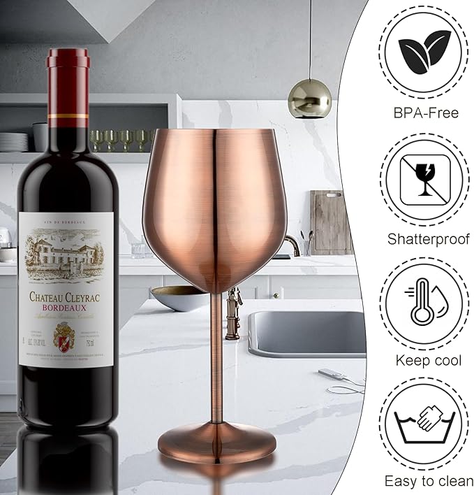 Stainless Steel Wine Glasses Set of 4 Unbreakable Wine Glass 18 oz Unique Metal Wine Goblets for Outdoor, Travel, Camping, Pool, Ideal Gift for Wine Lovers (Red Copper)