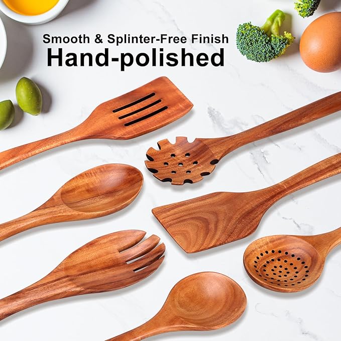 7 Pcs Teak Wood Kitchen Utensils Set Non Toxic BPA Free Cooking Tools with Spatula, Slotted Spatulas, Wooden Skimmer Spoons, Pasta Spoon, Mixing, Salad Fork & Spoons for Nonstick Cookware